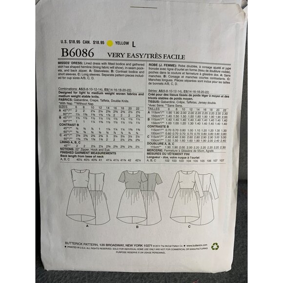 Butterick Misses Dress Sewing Pattern Sz 14-22 B6086 - Uncut - Picture 3 of 4